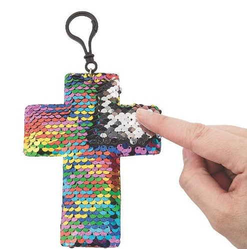 reversible sequin cross keychain / backpack clip. great religious gift. adorned with coloured sequins which reverse to silver coloured ones.