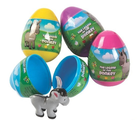 legend of the donkey story wrapped plastic easter egg. eggs hold a donkey toy with cross on its back.