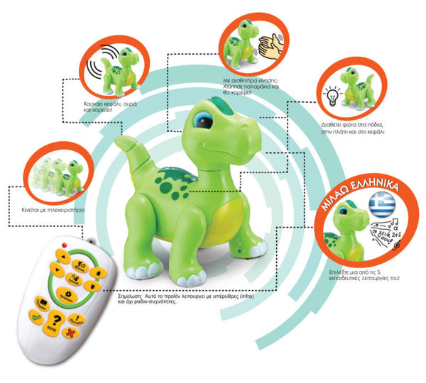 greek educational dinosaur toy. bilingual greek and english remote control dinosaur robot