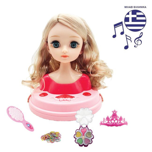 greek speaking make up doll studio with brush, hair accessories, crown and eye shadows