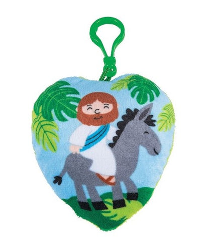 Palm Sunday plush heart keyring features Jesus riding on donkey with palm leaves
