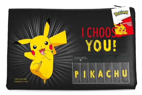 pokemon official licensed pencil case, features an image of pikachu and the catchphrase 'I choose you.' personalised name plate included