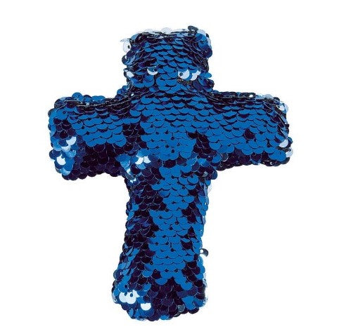 small plush cross with reversible dark blue and silver sequin. great religious gift idea