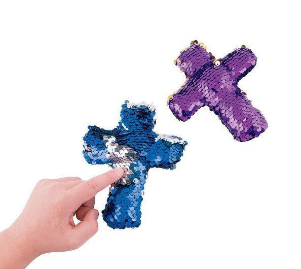 plush sequin crosses. assorted colours available- blue/silver or purple/gold. great children's religious gift for easter, christmas, confirmation, baptism, christening.