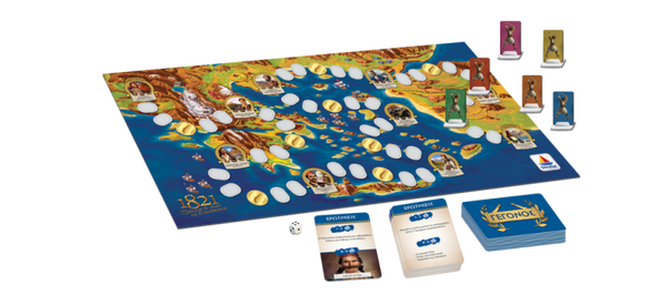 educational greek game. learn about 1821 greek war of independence. map, book and game