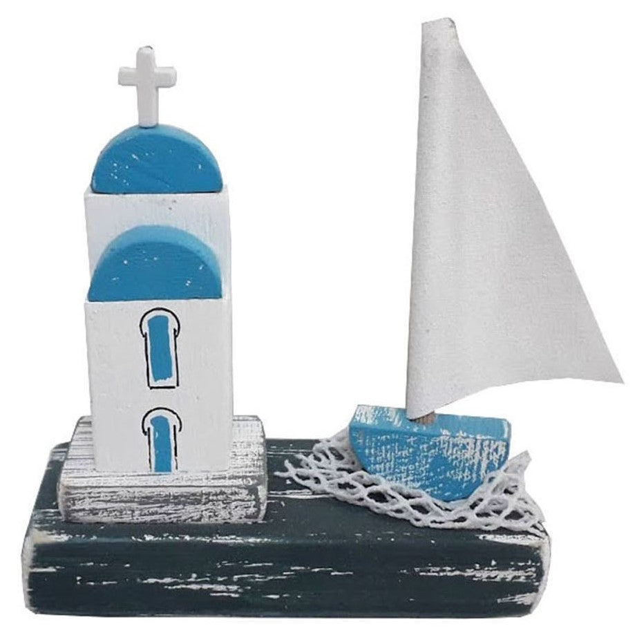 greek made wood art, greek church and sail boat, greek island inspired decor