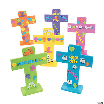 easter crafts for kids, coloured cross with stand and stickers to decorate