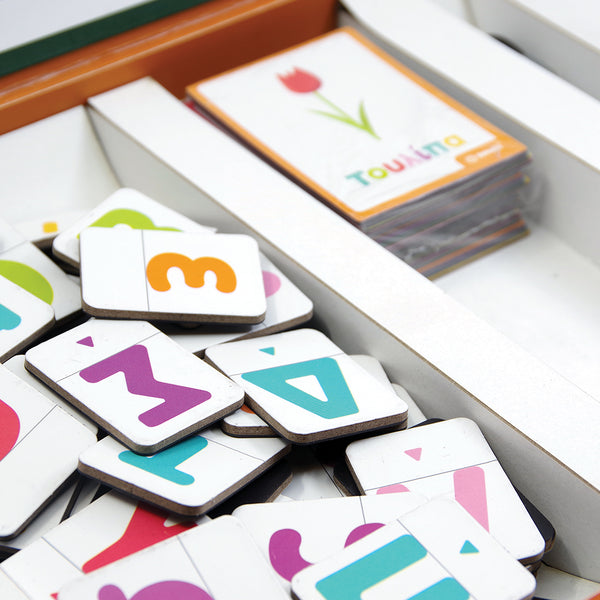 greek language educational resources, greek flashcards and greek alphabet letter magnets in case