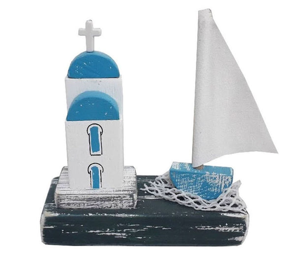 made in greece greek church and sail boat wood art