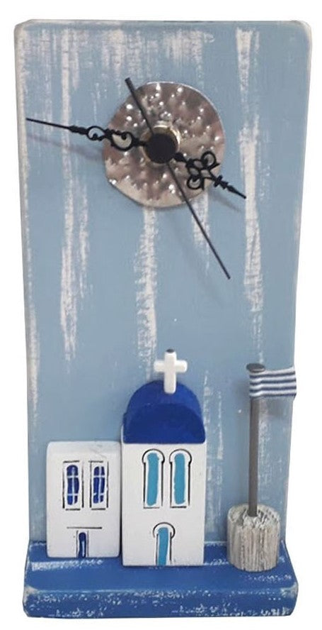 greek island inspired wood clock, made in greece, greek church and flag