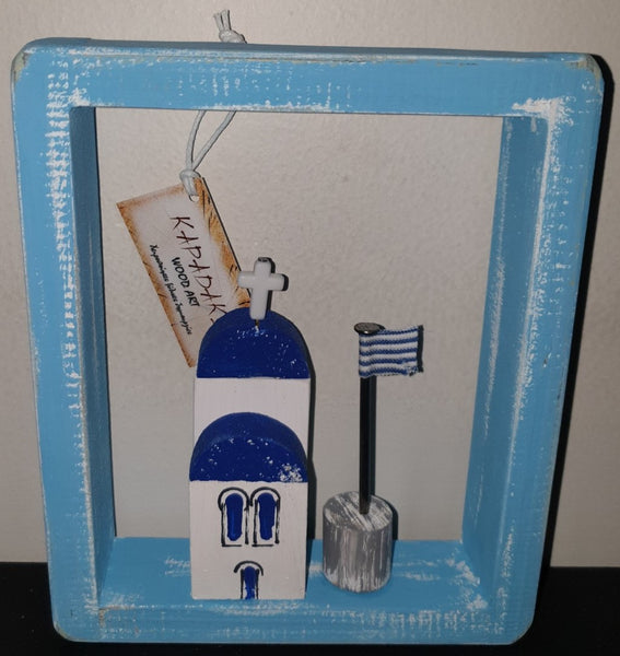 made in greece decor wood art, greek church and greek flag