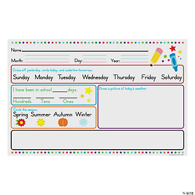 Educational learning dry-erase activity mat. Practice writing your name, date, day, season and weather. Perfect classroom resource and for homeschooling.